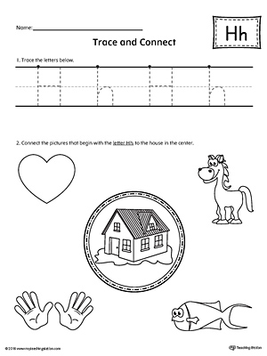 Trace Letter H and Connect Pictures printable worksheet available for download at myteachingstation.com.