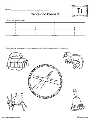 Trace Letter I and Connect Pictures printable worksheet available for download at myteachingstation.com.
