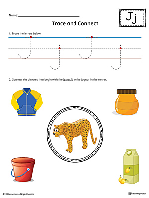 Trace Letter J and Connect Pictures (Color) printable worksheet available for download at myteachingstation.com.