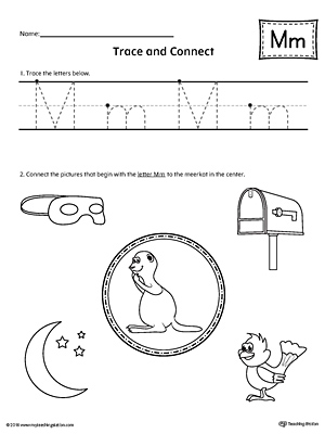 Trace Letter M and Connect Pictures printable worksheet available for download at myteachingstation.com.