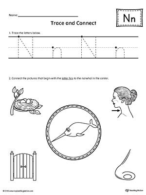 Trace Letter N and Connect Pictures printable worksheet available for download at myteachingstation.com.