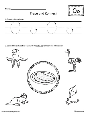 Trace Letter O and Connect Pictures printable worksheet available for download at myteachingstation.com.