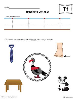 Trace Letter T and Connect Pictures (Color) printable worksheet available for download at myteachingstation.com.