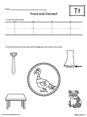 Trace Letter T and Connect Pictures printable worksheet available for download at myteachingstation.com.