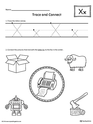 Trace Letter X and Connect Pictures printable worksheet available for download at myteachingstation.com.
