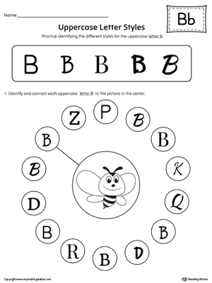 Practice identifying the different uppercase letter B styles with this kindergarten printable worksheet.