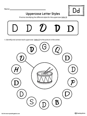 Practice identifying the different uppercase letter D styles with this kindergarten printable worksheet.