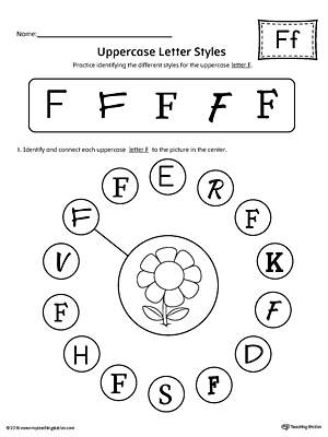 Practice identifying the different uppercase letter F styles with this kindergarten printable worksheet.