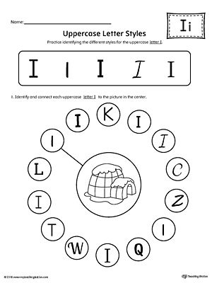 Practice identifying the different uppercase letter I styles with this kindergarten printable worksheet.
