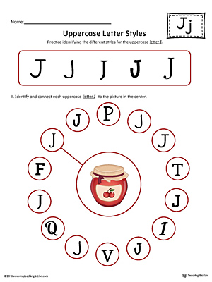 Practice identifying the different uppercase letter J styles with this colorful printable worksheet.