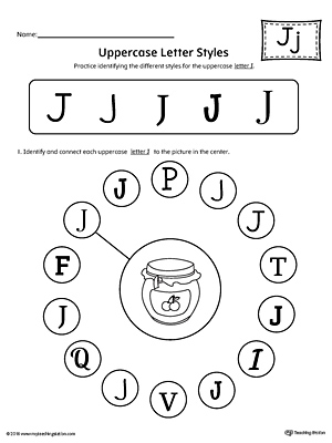 Practice identifying the different uppercase letter J styles with this kindergarten printable worksheet.