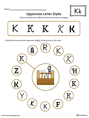 Practice identifying the different uppercase letter K styles with this colorful printable worksheet.