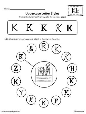 Practice identifying the different uppercase letter K styles with this kindergarten printable worksheet.