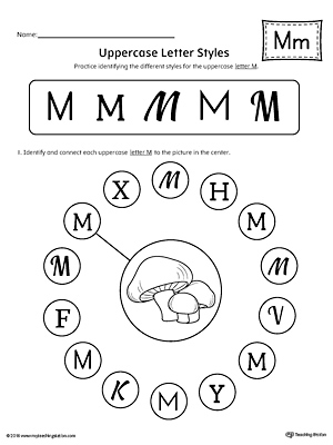 Practice identifying the different uppercase letter M styles with this kindergarten printable worksheet.