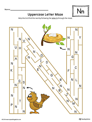 Uppercase Letter N Maze Worksheet (Color)