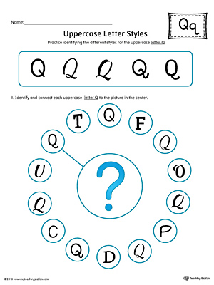 Practice identifying the different uppercase letter Q styles with this colorful printable worksheet.