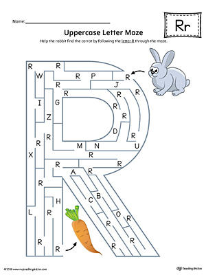 Uppercase Letter R Maze Worksheet (Color)