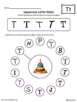 Practice identifying the different uppercase letter T styles with this colorful printable worksheet.