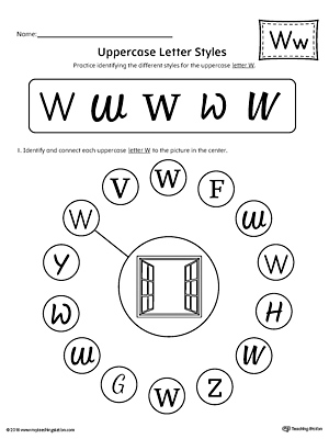 Practice identifying the different uppercase letter W styles with this kindergarten printable worksheet.