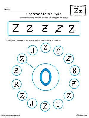 Practice identifying the different uppercase letter Z styles with this colorful printable worksheet.