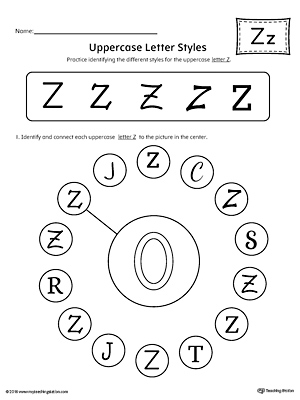 Practice identifying the different uppercase letter Z styles with this kindergarten printable worksheet.