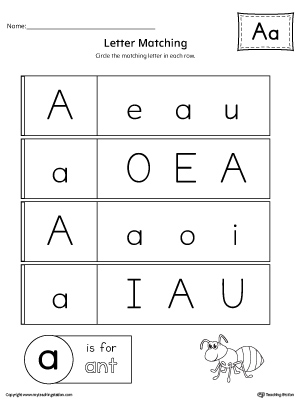 Letter A Uppercase and Lowercase Matching Worksheet