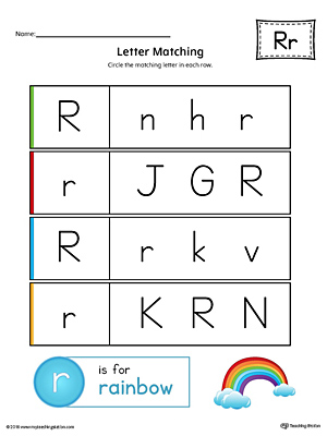 Letter R Uppercase and Lowercase Matching Worksheet (Color)
