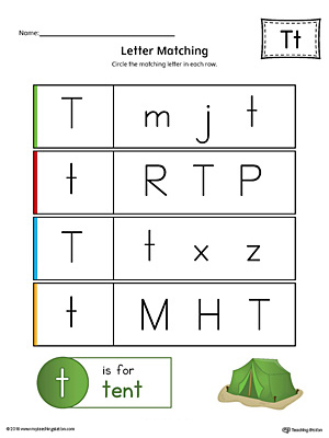 Letter T Uppercase and Lowercase Matching Worksheet (Color)