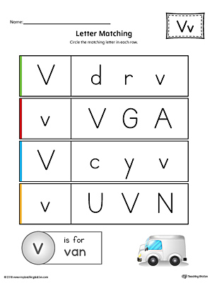 Letter V Uppercase and Lowercase Matching Worksheet (Color)