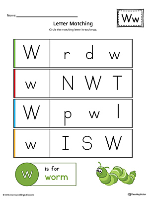 Letter W Uppercase and Lowercase Matching Worksheet (Color)