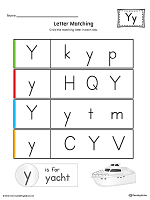 Letter Y Uppercase and Lowercase Matching Worksheet (Color)