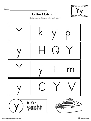 Letter Y Uppercase and Lowercase Matching Worksheet