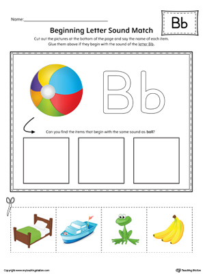 Practice matching pictures that begin with the letter B sound with the correct letter shape in this printable worksheet.
