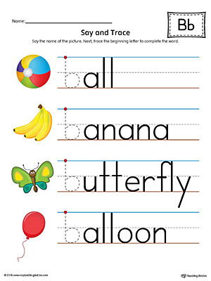 Use the Say and Trace: Letter B Beginning Sound Words in Color to help your preschooler practice recognizing the beginning sound of the letter B and tracing the letter.