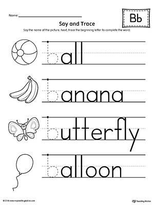 Use the Say and Trace: Letter B Beginning Sound Words Worksheet to help your preschooler practice recognizing the beginning sound of the letter B and tracing the letter.