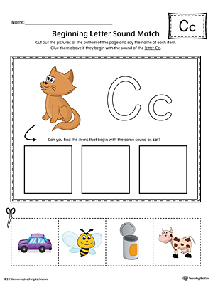 Practice matching pictures that begin with the letter C sound with the correct letter shape in this printable worksheet.