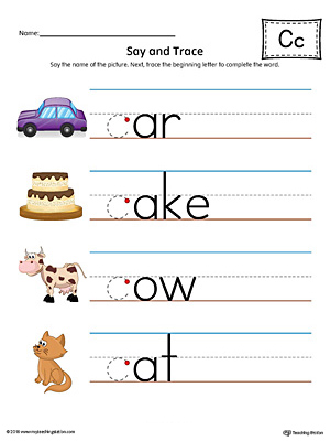 Say and Trace: Letter C Beginning Sound Words Worksheet (Color)