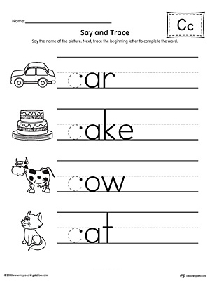 Say and Trace: Letter C Beginning Sound Words Worksheet