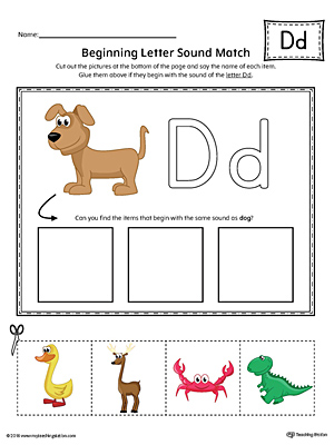 Practice matching pictures that begin with the letter D sound with the correct letter shape in this printable worksheet.