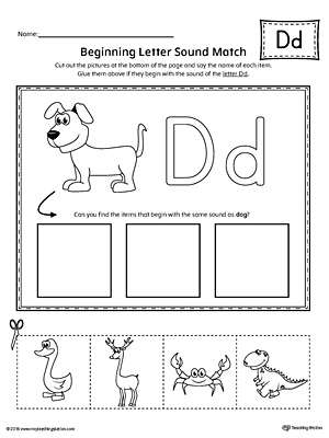 Practice matching the picture that represents the beginning sound of the letter D with the correct letter shape.