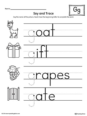 Use the Say and Trace: Letter G Beginning Sound Words Worksheet to help your preschooler practice recognizing the beginning sound of the letter G and tracing the letter.