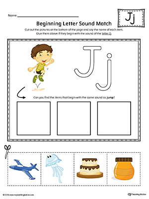 Practice matching pictures that begin with the letter J sound with the correct letter shape in this printable worksheet.