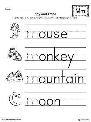Say and Trace: Letter M Beginning Sound Words Worksheet