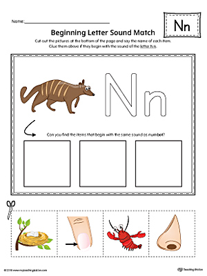 Practice matching pictures that begin with the letter N sound with the correct letter shape in this printable worksheet.