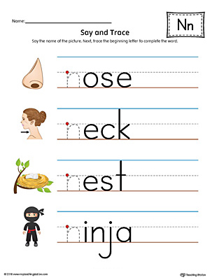 Practice saying and tracing words that begin with the letter N sound in this printable worksheet.
