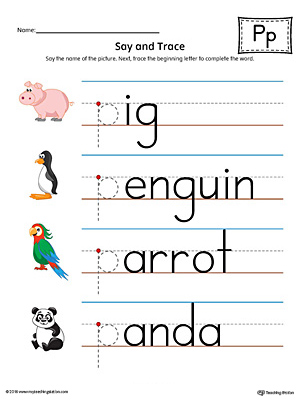 Practice saying and tracing words that begin with the letter P sound in this printable worksheet.