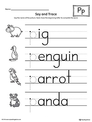 Use the Say and Trace: Letter P Beginning Sound Words Worksheet to help your preschooler practice recognizing the beginning sound of the letter P and tracing the letter.