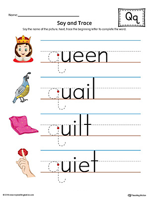 Practice saying and tracing words that begin with the letter Q sound in this printable worksheet.