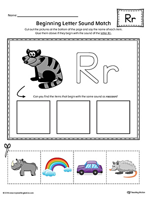 Practice matching pictures that begin with the letter R sound with the correct letter shape in this printable worksheet.