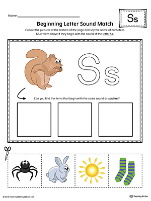 Practice matching pictures that begin with the letter S sound with the correct letter shape in this printable worksheet.